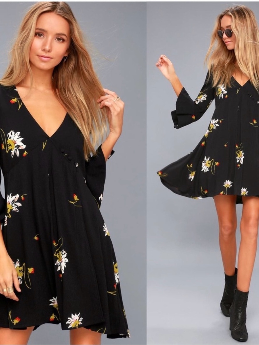 Free People Black Floral V-Neck Swing Dress with White & Yellow Accents